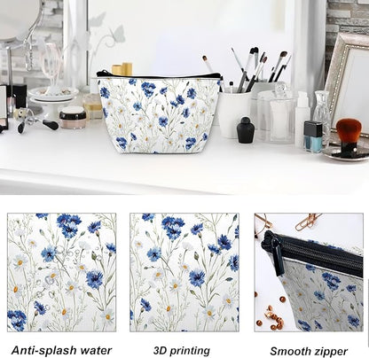 Daisy Makeup Bag Blue Cornflower Cosmetic Bag for Women, Travel Small Pouch for Toiletries, Water Resistant Gift 9.5×5.9 Inch