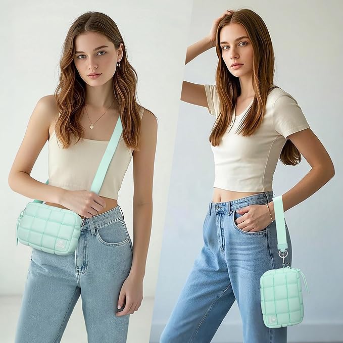 Quilted Cosmetic Bag, Puffer Makeup Bags, Crossbody Purses for women,Cute Travel Toiletry Bag for Women (Mint Green)