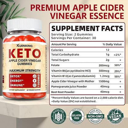 Keto ACV Gummies Advanced Formula, Apple Cider Vinegar Gummies Formulated with Pomegranate Beet Juice Powder B12, 1500MG Vegan Non GMO (120 Count)