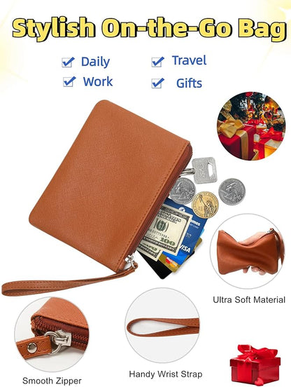Small Makeup Bag for Purse Mini Cosmetic Pouch Zipper Little Wristlet, Tiny Make Up Organizer Lipstick Feminine Product Car Change Coin Holder for Women, 4.5 x 6.5 Clutch Stadium Approved, 1 Brown
