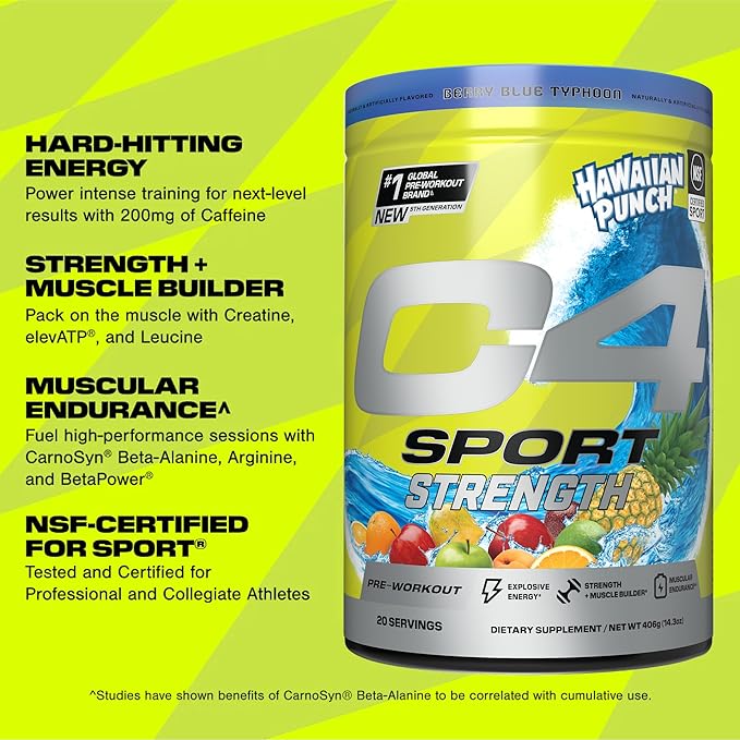 Cellucor C4 Sport Strength Pre Workout Powder - NSF Certified for Sport - Beta-Alanine, Creatine, 200mg Caffeine - Sugar Free Energy Supplement for Men & Women - Hawaiian Punch Berry Blue, 20 Servings