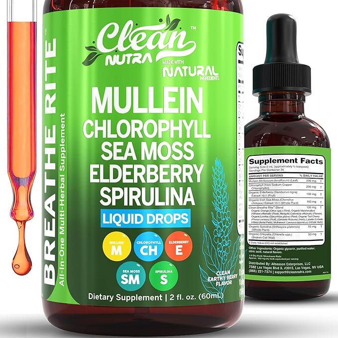 Organic Mullein Liquid Drops With Chlorophyll for Lung Detox Plus Irish Sea Moss, Spirulina, Licorice, Tart Cherry, Lobelia, Motherwort, And Elderberry For Men Women Health Supplement Vitamin