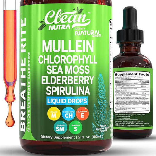 Organic Mullein Liquid Drops With Chlorophyll for Lung Detox Plus Irish Sea Moss, Spirulina, Licorice, Tart Cherry, Lobelia, Motherwort, And Elderberry For Men Women Health Supplement Vitamin