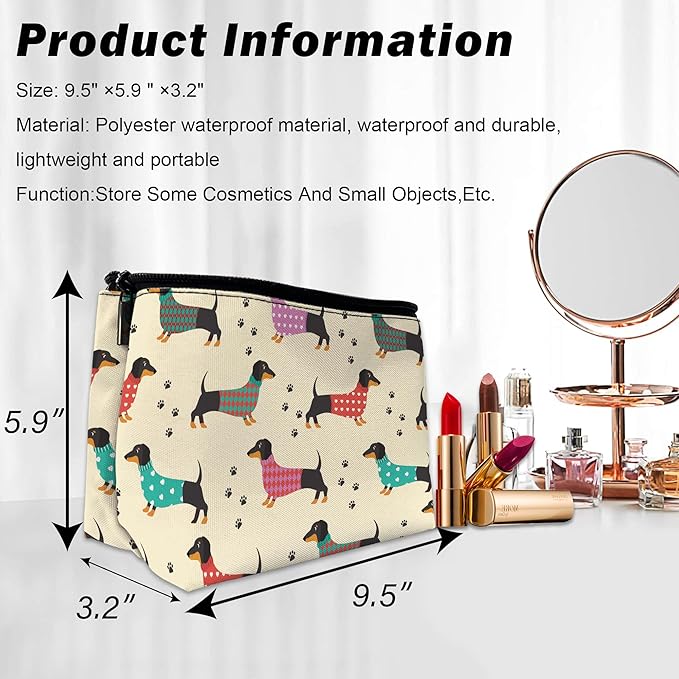 Cute Dachshunds Dog Makeup Bag for Purse, Waterproof Funny Cosmetic Bag for Women, Zipper Travel Toiletry Pouch Gift 9.5×5.9 Inch