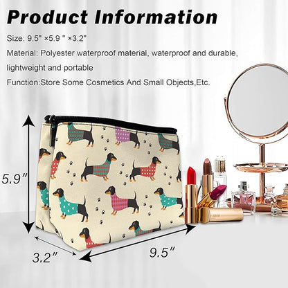 Cute Dachshunds Dog Makeup Bag for Purse, Waterproof Funny Cosmetic Bag for Women, Zipper Travel Toiletry Pouch Gift 9.5×5.9 Inch