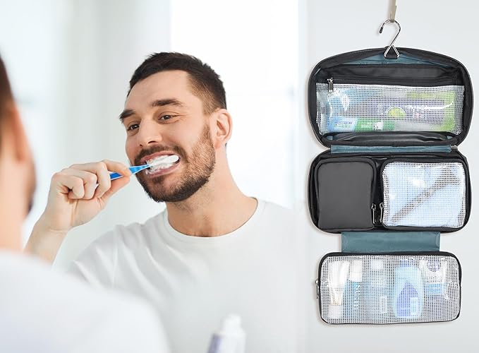 WELKINLAND 6-Pockets Toiletry bag, Shaving bag, Shower bags men, Mens bathroom bag, Hygiene bag men, Mens overnight bag toiletries, Mens toiletry bags traveling, Hanging toiletry bag men, Black