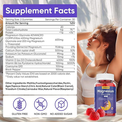 Magnesium Glycinate Gummies 600mg for Sleep: Magnesium Supplement for Adult - Calm Magnesium Gummies Multivitamin, Raspberry Flavor, 60 Count