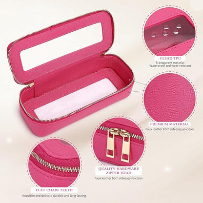 Makeup Brush Case Clear Travel Cosmetic & Toiletry Bag Small Makeup Bag with Zipper Purse Organizer Car Essential Bag for Women (X/Fuxia, SLIM)