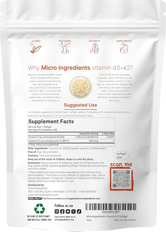 Micro Ingredients Vitamin D3 50,000 IU + K2 MK-7 200 mcg, 240 Softgels | Virgin Coconut Oil | 2-in-1 Bone, Immune & Heart Support | Easy to Swallow, Non-GMO