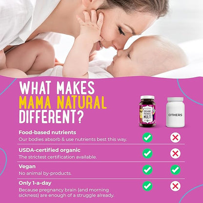 Mama Natural Organic Prenatal Vitamins For Women Vegan (30 Servings) | One A Day Prenatal Vitamins For Pregnant Women | Food Based, Non-gmo & Gluten-free - Pre Natal Multivitamin For Women With Folate