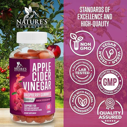 Vegan Apple Cider Vinegar Gummies 1000mg for Detox & Cleanse, ACV Gummy Vitamin B12 for Digestion Metabolism & Immune Health Support, Natural Apple Raspberry Flavor, Gluten Free - 60 Gummies