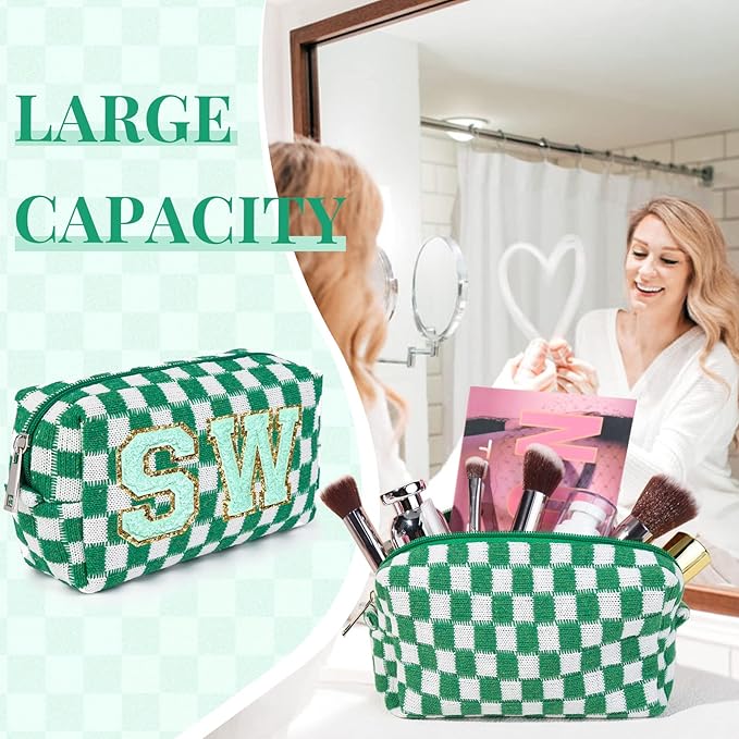 6 Pcs Preppy Makeup Bag Checkered Cosmetic Bag Bulk Green Makeup Pouch Personalize Travel Toiletry Bag Organizer Cute DIY Makeup Brushes Storage Bag for Women