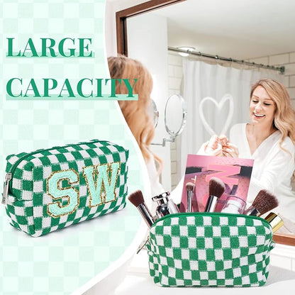 6 Pcs Preppy Makeup Bag Checkered Cosmetic Bag Bulk Green Makeup Pouch Personalize Travel Toiletry Bag Organizer Cute DIY Makeup Brushes Storage Bag for Women