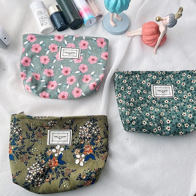 Flower Fabric Makeup Bag for Purse, Vintage Corduroy Cosmetic Pouch Bag, Portable Travel Handbag for Women Girls (Green with white flowers)