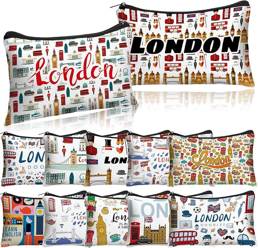 Reginary 12 Pack Cosmetic Bag Travel Souvenirs Gift Makeup Bag Lover Gifts Friendship Family Toiletry Storage for Women Vacation Traveller Trip(London)
