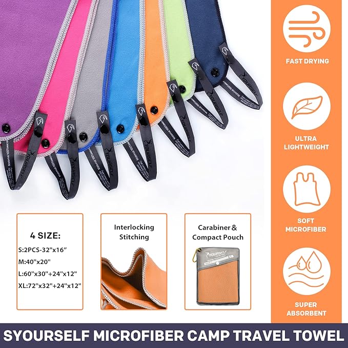 SYOURSELF 2 Pack Microfiber Camping Towel (S:32"x16")