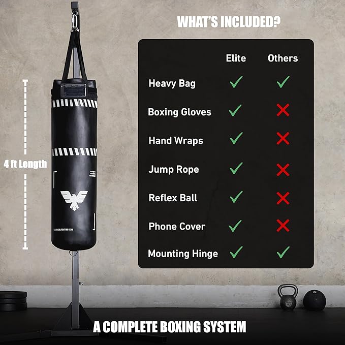 Elite Sports 4ft Boxing Bag, Punching Bag Set with 12oz Gloves, Hand Wraps, Jump Rope, Reflex Ball & Phone Holder - for Boxing, MMA, Kickboxing, Martial Arts, Home Gym (Unfilled)