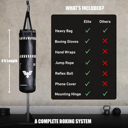 Elite Sports 4ft Boxing Bag, Punching Bag Set with 12oz Gloves, Hand Wraps, Jump Rope, Reflex Ball & Phone Holder - for Boxing, MMA, Kickboxing, Martial Arts, Home Gym (Unfilled)
