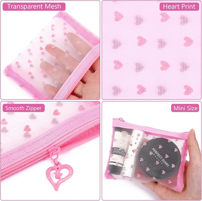 6 Pack Mini Zipper Mesh Makeup Bags, Heart Print Nylon Cosmetic Bags Toiletry Bags for Office Travel Organization (Pink, XS)