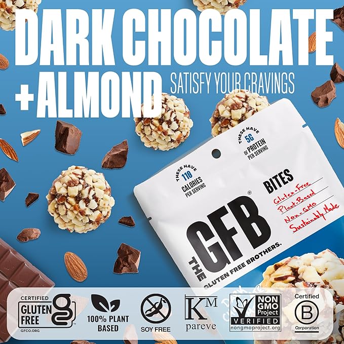 The Gluten Free Brothers Dark Chocolate Almond Bites - Gluten Free Protein Balls – Non GMO, Soy Free, Vegan – Snack Size Plant Based Protein Energy Balls, 4 Oz (6 Count)