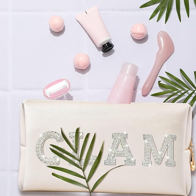CY2SIDE Glam Letter Makeup Bag - White GLAM Pearl Rhinestone Letter Patch Cosmetic Pouch Shell Gold PU Leather Patch Big Bag Waterproof Portable Zipper Travel Organizer for Wedding Bride Birthday Gift