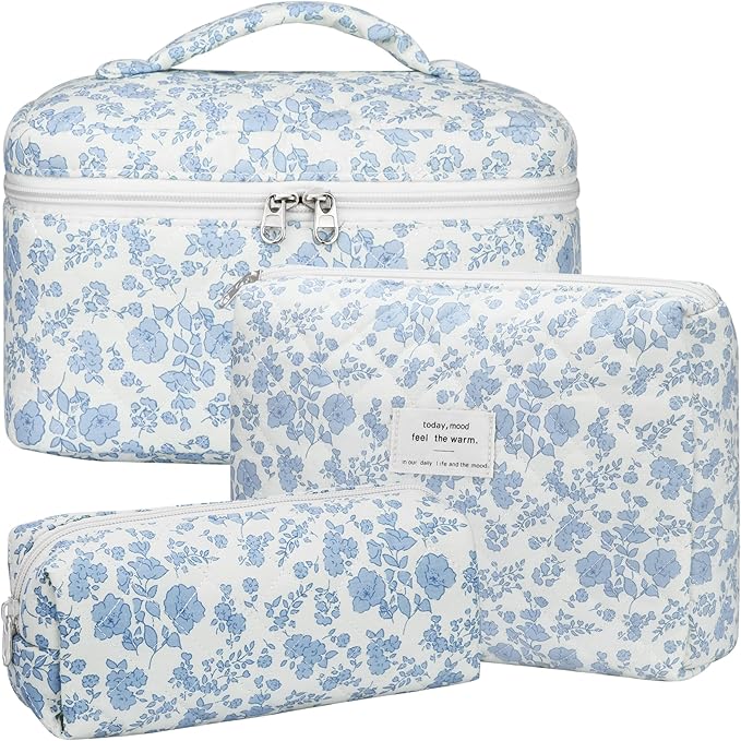 Quilted Makeup Bag Set, 3Pcs Large Checkered Corduroy Cosmetic Bags, Cute Coquette Makeup Bag Toiletry Zipper Pouch Bag for Women and Girls Checkered