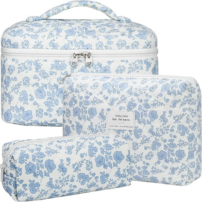 Quilted Makeup Bag Set, 3Pcs Large Checkered Corduroy Cosmetic Bags, Cute Coquette Makeup Bag Toiletry Zipper Pouch Bag for Women and Girls Checkered