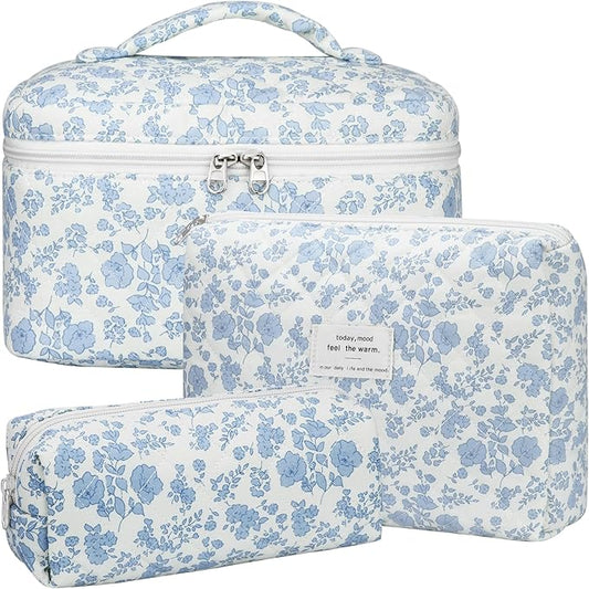 Quilted Makeup Bag Set, 3Pcs Large Checkered Corduroy Cosmetic Bags, Cute Coquette Makeup Bag Toiletry Zipper Pouch Bag for Women and Girls Checkered