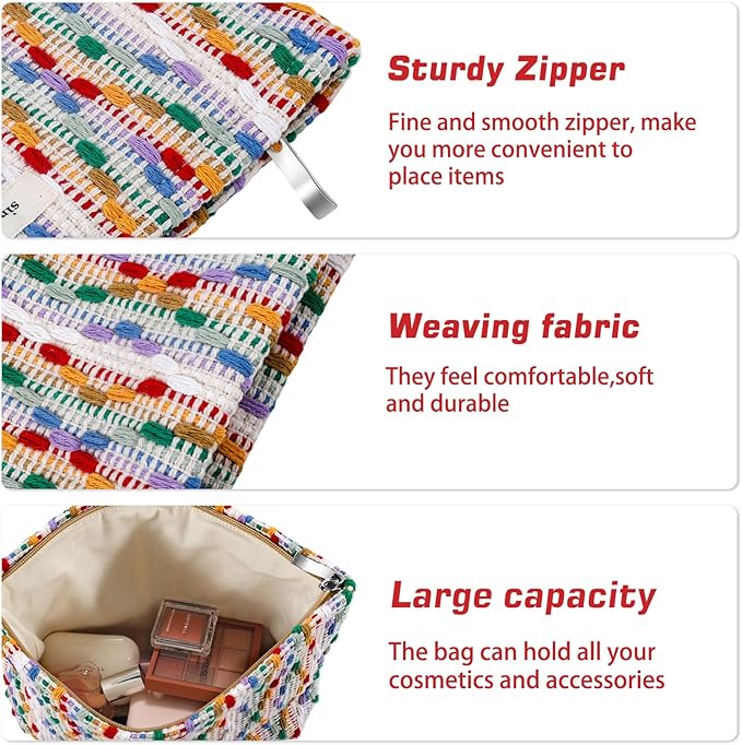 Makeup Bag Travel Large Cosmetic Bag for Women Cute Knit Makeup Pouch Zipper Cosmetic Pouch for Purse Aesthetic Colored Makeup Organizer Bag Portable Toiletry Bag Trendy Stuff