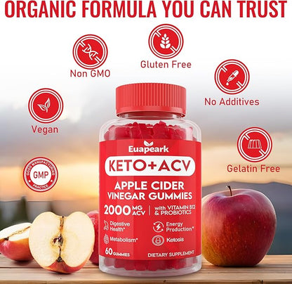 Apple Cider Vinegar Gummies, Keto ACV Gummies with Probiotics, Vitamin B12 & Keto Support, 2000 mg ACV Gummies with Mother for Digestion, Metabolism, Cleanse & Detox Diet, Vegan, Low Sugar, 720 Counts