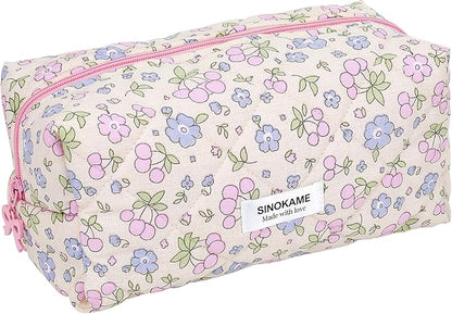 Coquette Makeup Bag Cosmetic Bag for Women, Handmade Cotton Quilted Pouches Reusable Travel Toiletry Bag Organizer Brushes, Beige Flowers