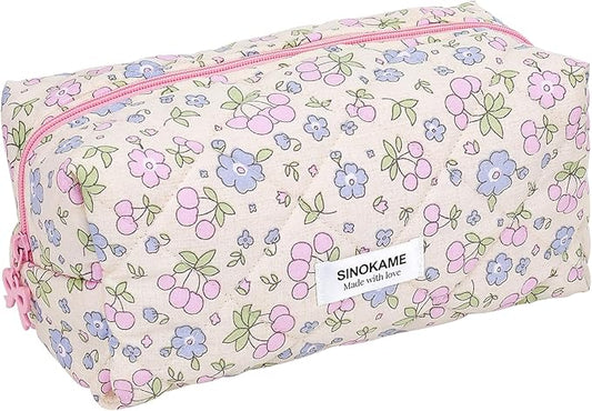 Coquette Makeup Bag Cosmetic Bag for Women, Handmade Cotton Quilted Pouches Reusable Travel Toiletry Bag Organizer Brushes, Beige Flowers