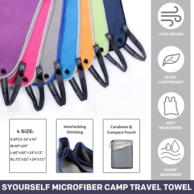 SYOURSELF 2 Pack Microfiber Camping Towel (XL:72"x32"+12"x24")