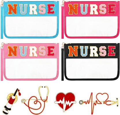 4 Pcs CNA Week Nurses Bags Appreciation Gifts Chenille Letter Makeup Bags with 4 Pins Preppy Clear Nursing Travel Pouch Cosmetic Waterproof Zipper Nurse Accessories