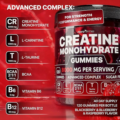Creatine Monohydrate Gummies Complex 8000mg, Chewable Creatine for Women and Men with L-Carnitine, Taurine, Creatine Monohydrate Chewable, Muscle Strength, Raspberry and Blackberry Taste, 120pcs