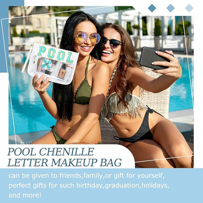 Hillban 2 Pcs Pool Bag Makeup Cosmetic Bag Clear Sunscreen Toiletry Zipper Pouch Beach Travel Summer Stuff Preppy Chenille Letter Patch Pouch PVC Waterproof Organizer Storage Mini Bogg Purse for Women
