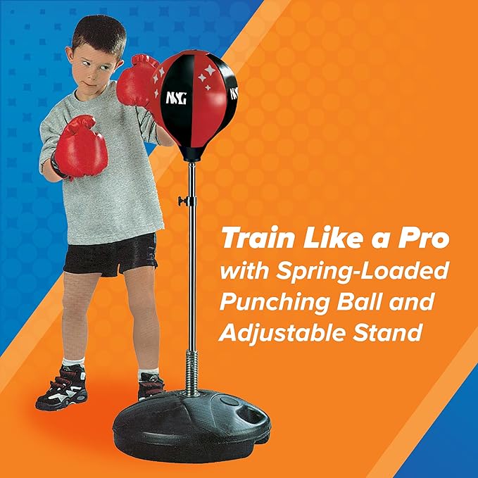 NSG Punching Bag for Kids & Boxing Gloves Set - Adjustable Freestanding Speed Bag with Spring-Loaded Stand, Junior Boxing Gloves & Hand Pump - Portable, Easy Assembly for Boys, Teens, Toddlers Ages 4+