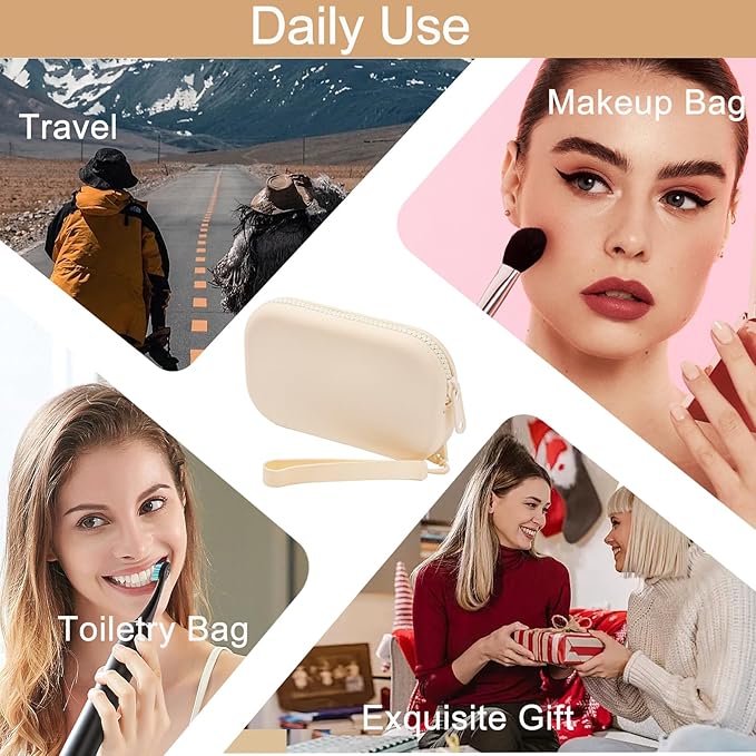 Portable Silicone Makeup Bag for Women, Small Travel Waterproof Toiletry Cosmetic Bag, Zipper Closure Organizer Makeup Case with Handle (Milky White)