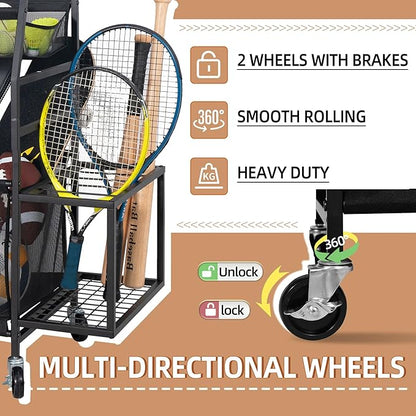 STORAGE MANIAC Ball Storage Bin Rolling Sports Ball Cart, Metal Garage Organizer Sport Rack Basketball Storage Cage for Garage or Gym, Indoor & Outdoor Sports Equipment Organizer