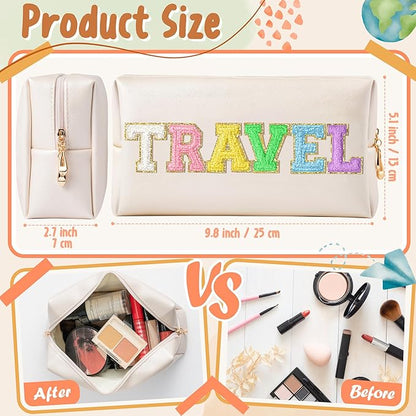CY2SIDE TRAVEL Letter Makeup Bag - Colorful Chenille Letter Patch Cosmetic Bag Shell Gold PU Leather Patch Pouch Waterproof Portable Zipper Travel Organizer Christmas Idea Gifts for Women Girls