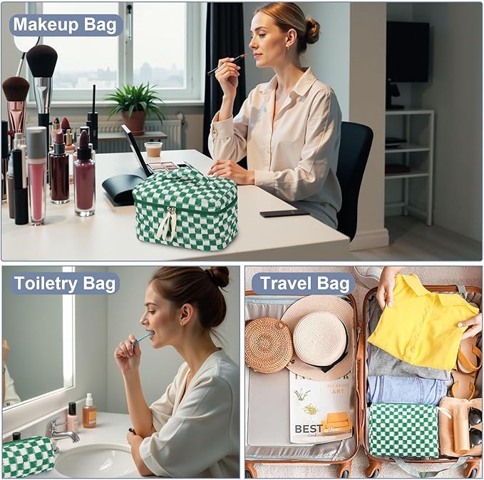 Quilted Makeup Bag Set, 3Pcs Large Checkered Corduroy Cosmetic Bags, Cute Coquette Makeup Bag Toiletry Zipper Pouch Bag for Women and Girls Checkered