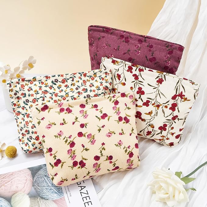 WOZEAH Floral Corduroy Makeup Bag for Purse Small Cosmetic Pouch,Stylish Zipper Make up Pouch Travel Canvas Toiletry Bags(Flower Branches 1)