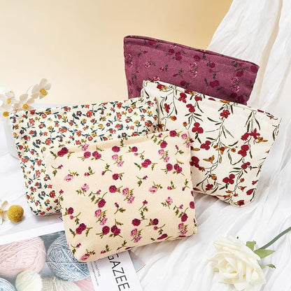 WOZEAH Floral Corduroy Makeup Bag for Purse Small Cosmetic Pouch,Stylish Zipper Make up Pouch Travel Canvas Toiletry Bags(Flower Branches 1)