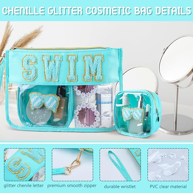 Hillban 2 Pcs Swim Bag Chenille Letter Preppy Patch Makeup Pouch Flat Clear Pouch PVC Organizer Purse Waterproof Travel Cosmetic Bags Pool Swim Coach Team Gifts for Women