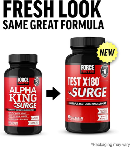 Force Factor Test X180 Surge Testosterone Support for Men, Male Vitality Enhancing Supplement, Promote Muscle & Strength, Support Weight, Boost Long-Lasting Energy, 60 Capsules