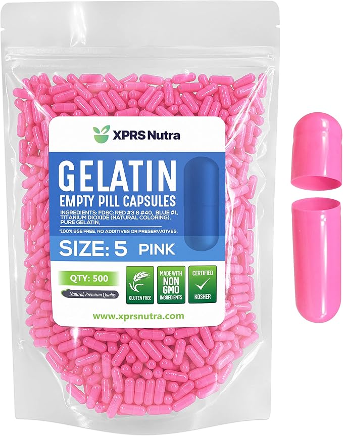 XPRS Nutra Size 5 Empty Capsules - 500 Count Very Small Empty Gelatin Capsules - Empty Pill Capsules - DIY Capsule Filling - Fillable Pill Capsules Empty Gel Caps (Pink)