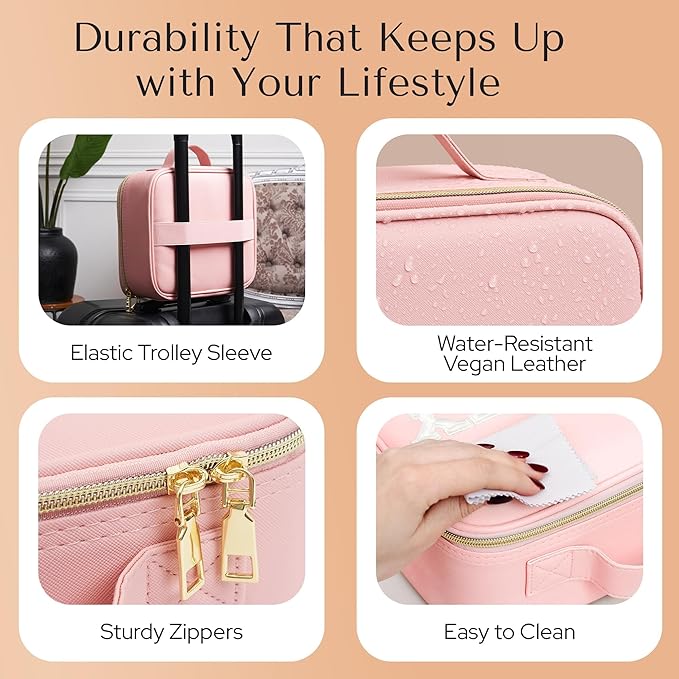 Makeup Bag with LED Mirror – Travel Cosmetic Organizer with Lighted Mirror, Adjustable Dividers & Brush Holder Storage – Portable PU Leather Makeup Case for Women & Girls - Pink