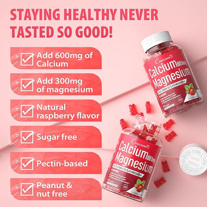 Calcium Magnesium Zinc Gummies Sugar-Free with Vitamin D3 B6 B12,High Absorption Calcium Magnesium Supplement,Bone, Muscles,Calm Mood,Sleep Support for Kids adults,90 Count Vegan Strawberry Flavor