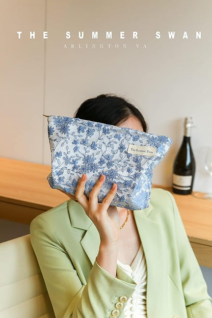 The Summer Swan | Floral Cosmetic Bag｜Large Aesthetic Makeup Bag Travel Personal Item Preppy Pouch Skincare (Embroidery Blue)