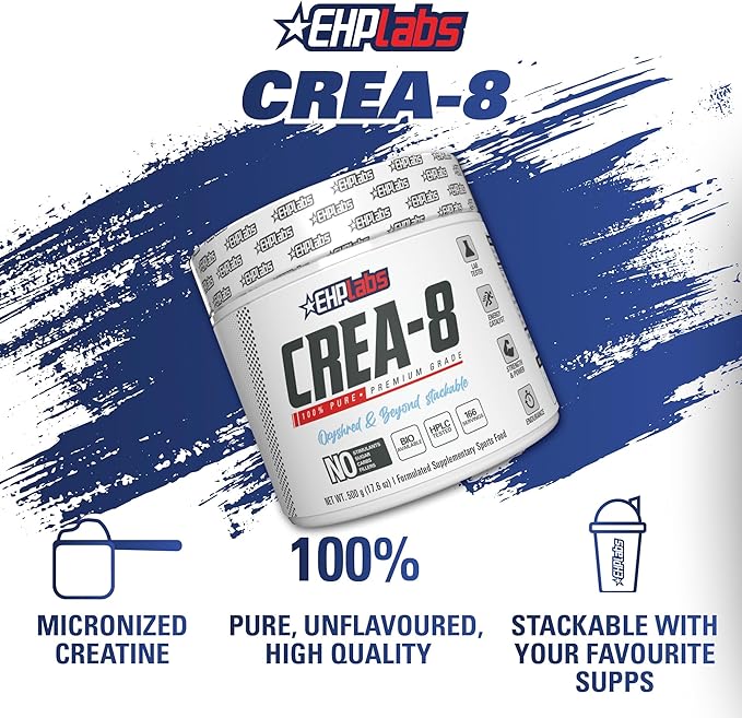 EHP Labs CREA-8 Micronized Creatine Monohydrate Powder - Creatine Powder for Muscle Growth, Increased Strength, Enhanced Energy Output and Improved Performance, Unflavored - 100 Servings (500g)
